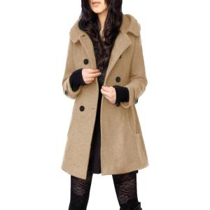 Tanming Women’s Warm Double Breasted Wool Pea Coat Trench Coat Jacket with Hood(Khaki)