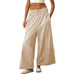 Tanming Womens Wide Leg Pants Casual Elastic High Waisted Palazzo Pant Loose Cotton Sweatpants with Pockets(Apricot)