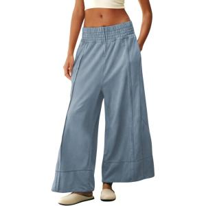 Tanming Womens Wide Leg Pants Casual Elastic High Waisted Palazzo Pant Loose Cotton Sweatpants with Pockets(Dusty Blue)