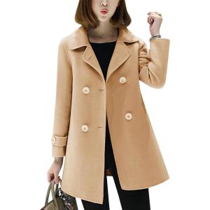 Tanming Women’s Winter Double Breasted Coat Black Wool Peacoat Long Sleeve Trench Coat(Khaki)