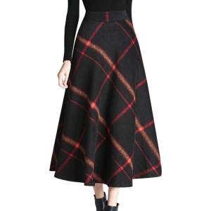 Tanming Women’s Winter Warm Elastic Waist Wool Plaid A-Line Pleated Long Skirt(Black)
