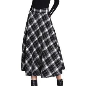 Tanming Women’s Winter Warm Elastic Waist Wool Plaid A-Line Pleated Long Skirt(Black2)