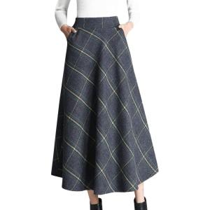 Tanming Women’s Winter Warm Elastic Waist Wool Plaid A-Line Pleated Long Skirt(Blue Grey)