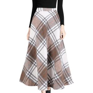 Tanming Women’s Winter Warm Elastic Waist Wool Plaid A-Line Pleated Long Skirt(Coffee)