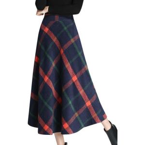 Tanming Women’s Winter Warm Elastic Waist Wool Plaid A-Line Pleated Long Skirt(Dark Blue)