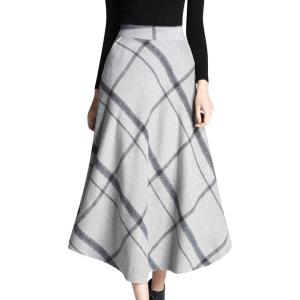 Tanming Women’s Winter Warm Elastic Waist Wool Plaid A-Line Pleated Long Skirt(Gray)