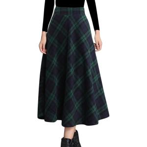 Tanming Women’s Winter Warm Elastic Waist Wool Plaid A-Line Pleated Long Skirt(Green2)
