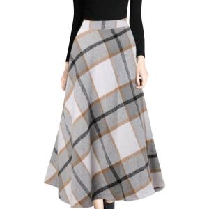 Tanming Women’s Winter Warm Elastic Waist Wool Plaid A-Line Pleated Long Skirt(Light Grey)