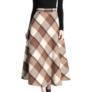 Tanming Women’s Winter Warm Elastic Waist Wool Plaid A-Line Pleated Long Skirt(Plaid Brown)