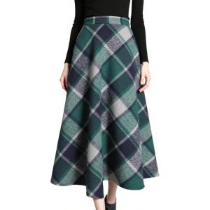 Tanming Women’s Winter Warm Elastic Waist Wool Plaid A-Line Pleated Long Skirt(Plaid Green)