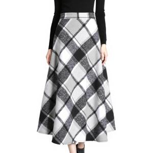 Tanming Women’s Winter Warm Elastic Waist Wool Plaid A-Line Pleated Long Skirt(Plaid Grey)