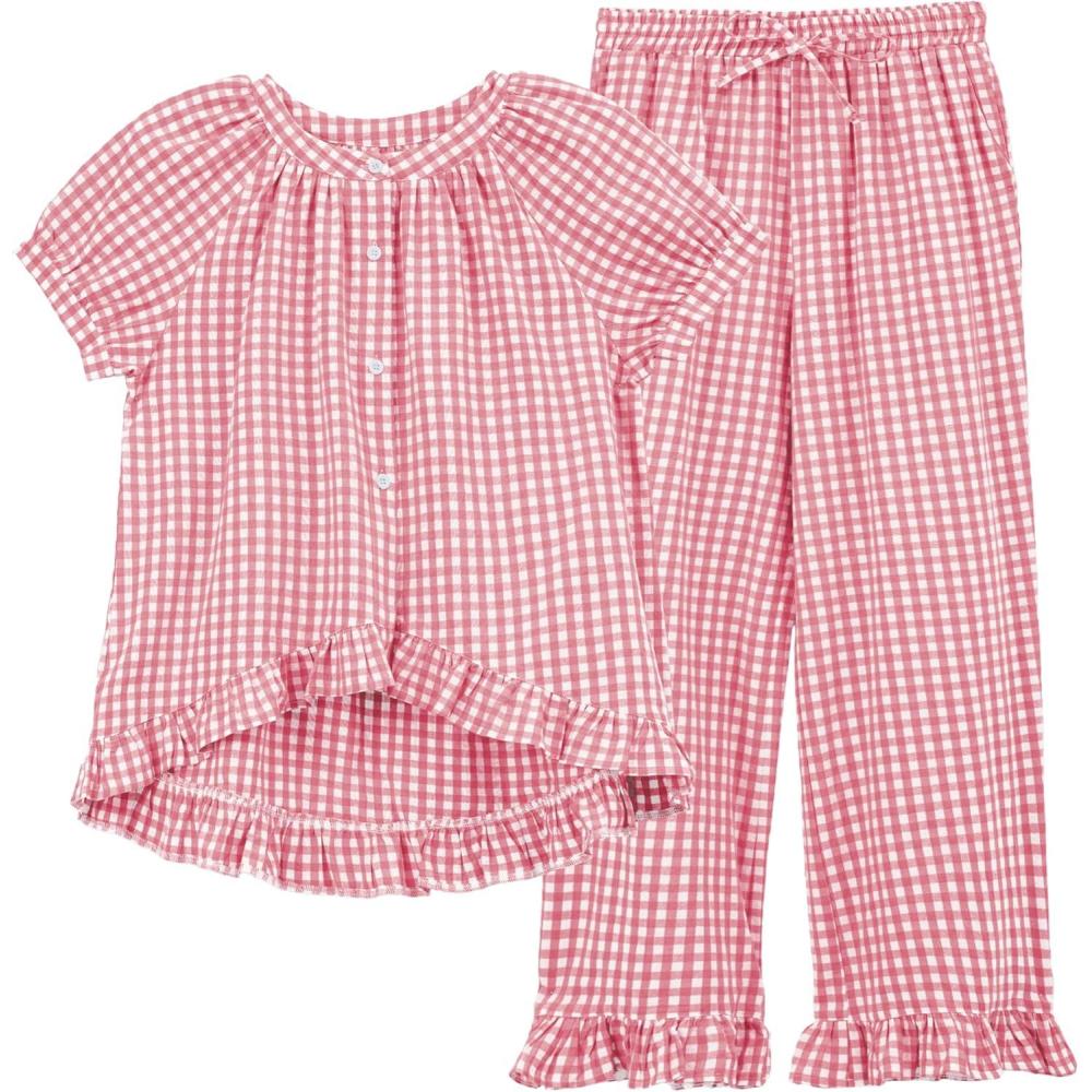 imageTanming 2 Piece Sets for Women Gingham Button Down Short Sleeve Tops Ruffle Plaid Pants Pajamas Lounge SetPink
