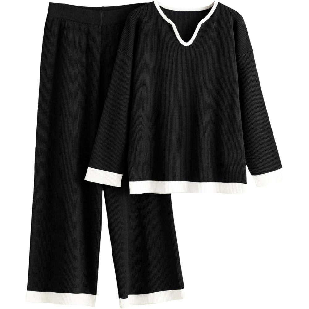 imageTanming Womens 2 Piece Outfits Long Sleeve Knit Sweater Pullover Tops Wide Leg Pants Tracksuits PJ Lounge SetsBlack