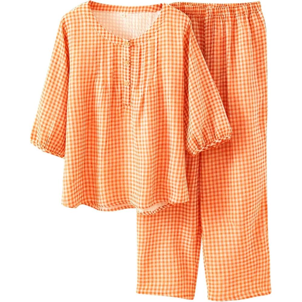 imageTanming Womens 2 Set Gingham Pajama Set Half Sleeve Shirt Wide Leg Pants Y2K Cotton Matching Lounge Set Beach OutfitsOrange