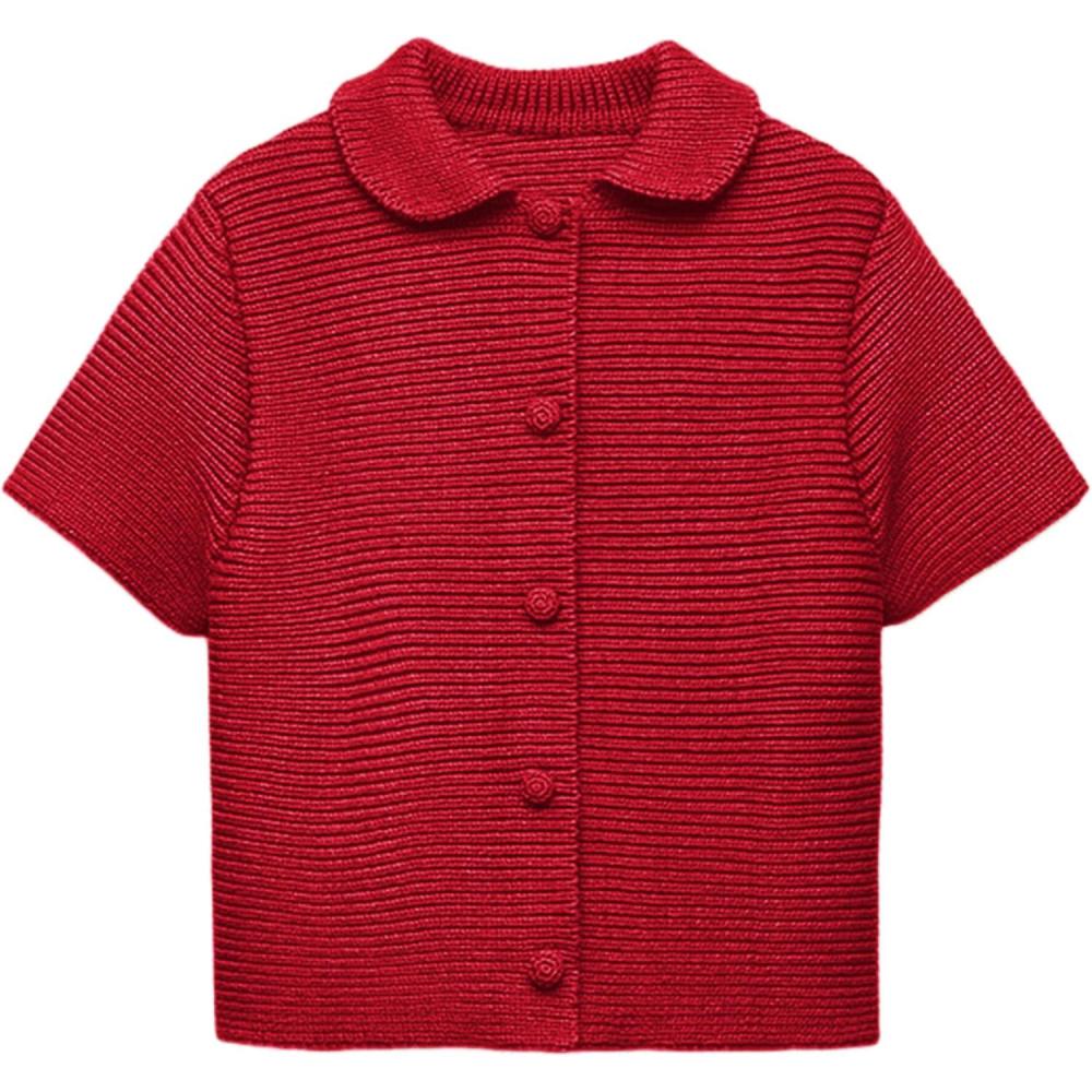 imageTanming Womens Cardigan Sweaters Soft Chunky Knit Top Short Sleeve Button Loose Outerwear SweaterRed