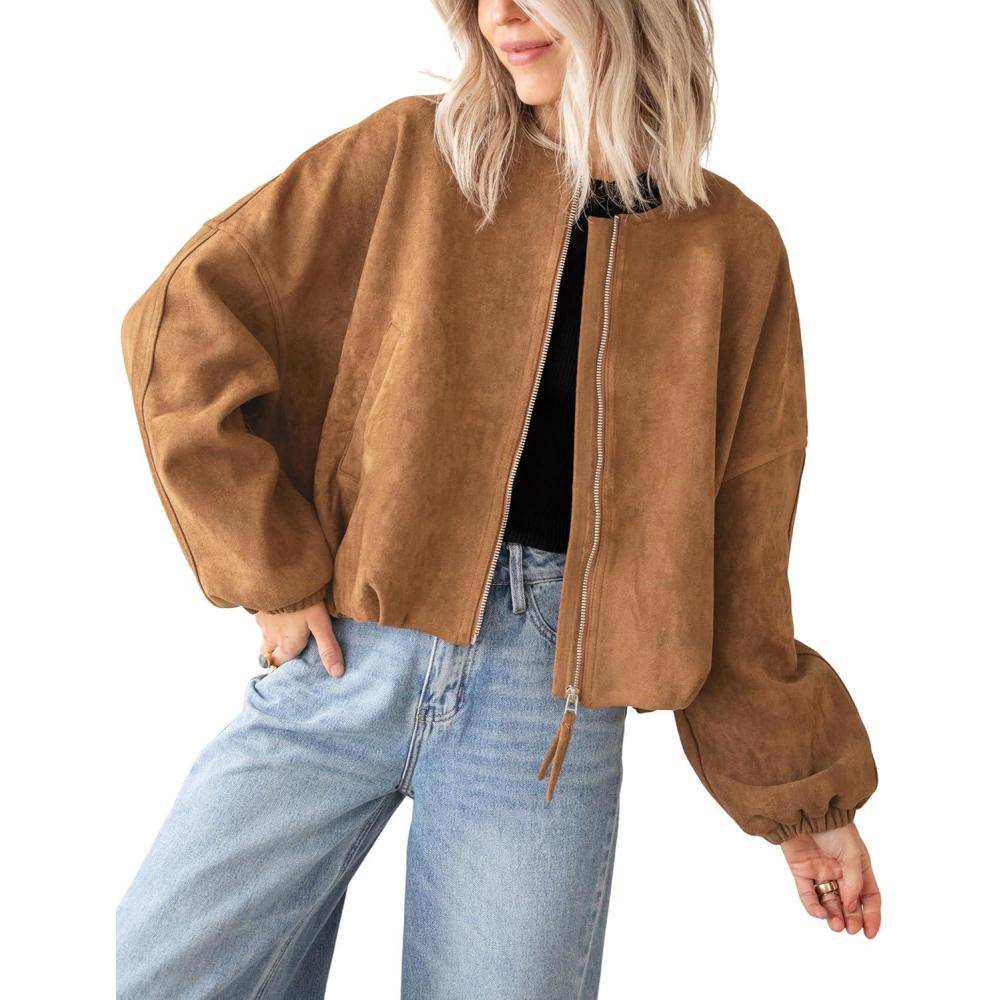 imageTanming Womens Faux Suede Leather Jacket Casual Oversized Long Sleeve Zip Up Bomber Jackets Coats OuterwearBrown