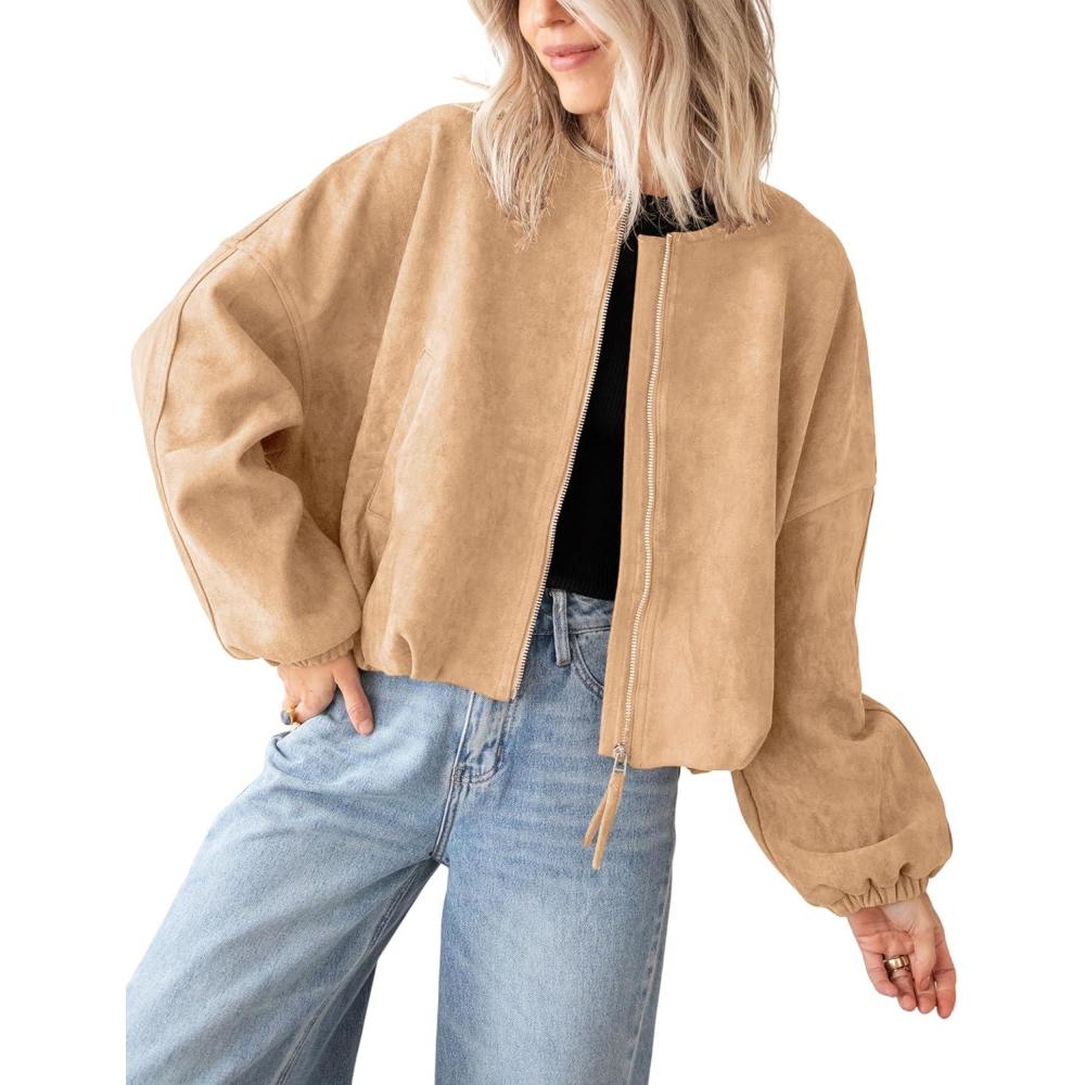 imageTanming Womens Faux Suede Leather Jacket Casual Oversized Long Sleeve Zip Up Bomber Jackets Coats OuterwearKhaki