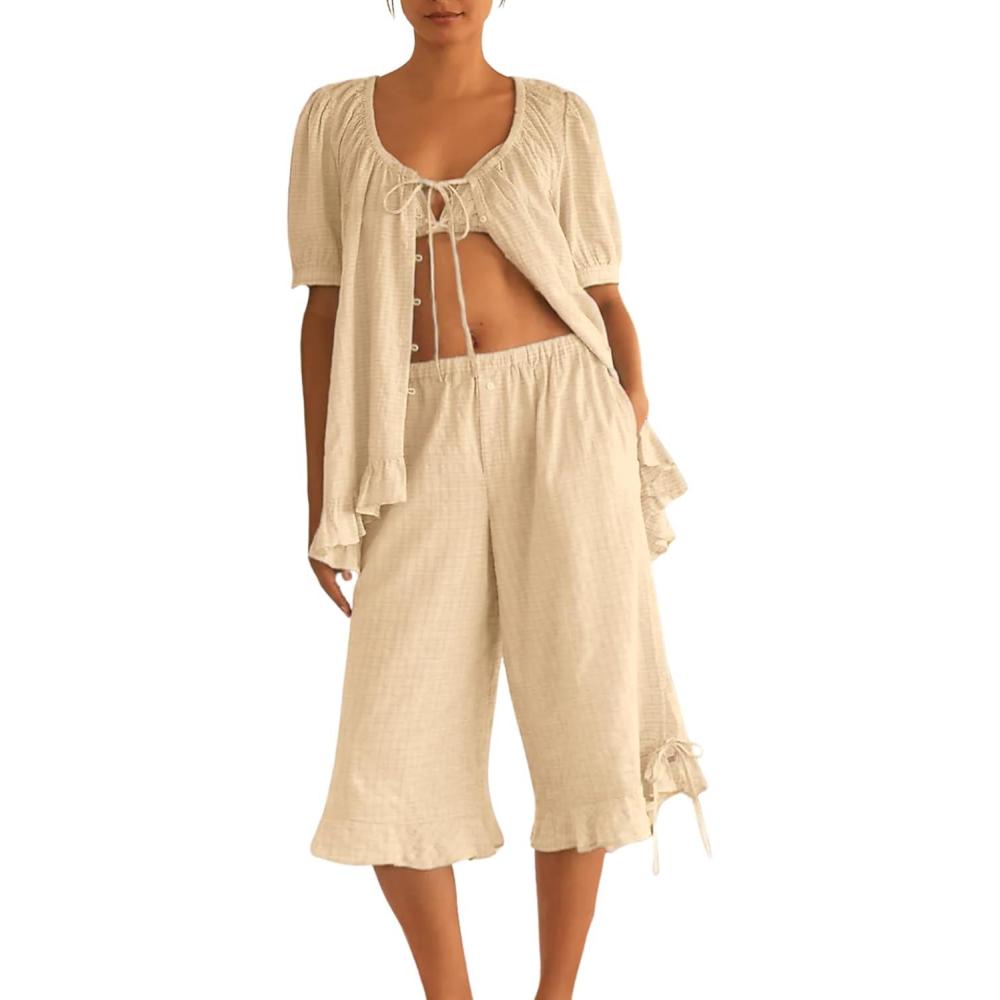 imageTanming Womens Pajama Sets 2 Piece Gingham Pjs Sets Short Sleeve Top Casual Capri Pants Ruffle LoungewearKhaki
