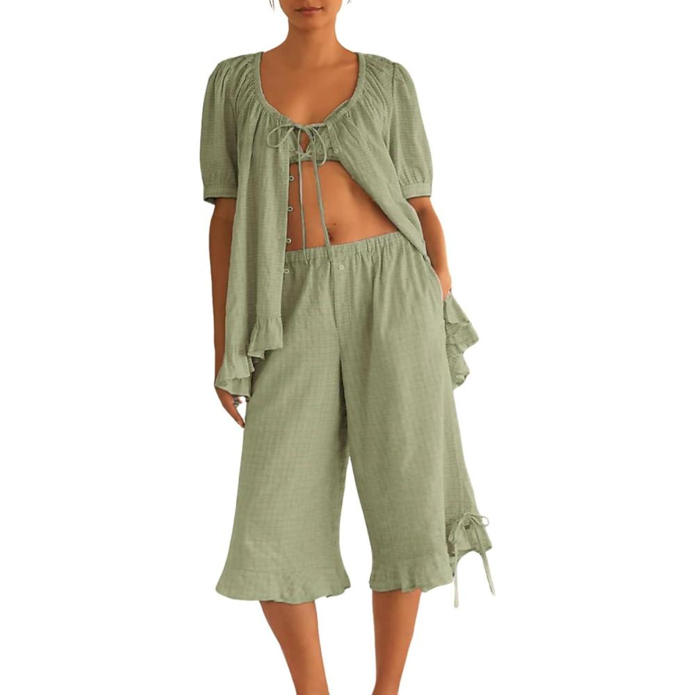 imageTanming Womens Pajama Sets 2 Piece Gingham Pjs Sets Short Sleeve Top Casual Capri Pants Ruffle LoungewearMoss Green