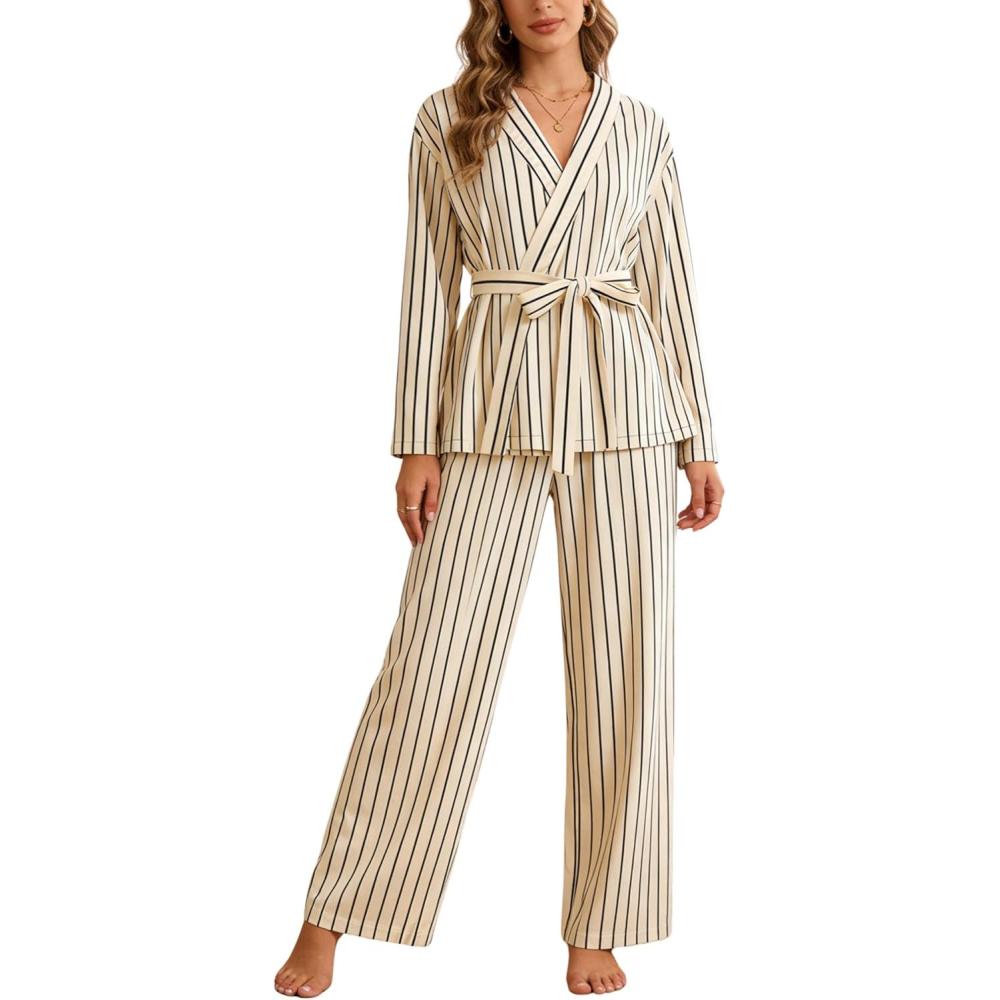 imageTanming Womens Pajama Sets Wrap Belted Tops Wide Leg Pants Cute Pjs Striped 2 Piece Lounge SetBeige