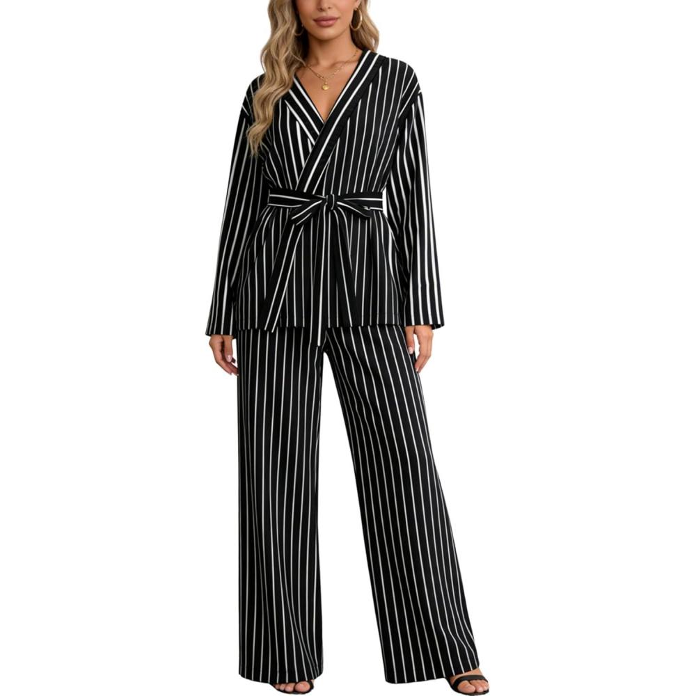 imageTanming Womens Pajama Sets Wrap Belted Tops Wide Leg Pants Cute Pjs Striped 2 Piece Lounge SetBlack