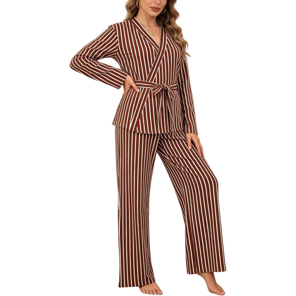 imageTanming Womens Pajama Sets Wrap Belted Tops Wide Leg Pants Cute Pjs Striped 2 Piece Lounge SetBrown
