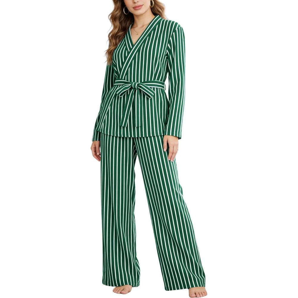 imageTanming Womens Pajama Sets Wrap Belted Tops Wide Leg Pants Cute Pjs Striped 2 Piece Lounge SetGreen