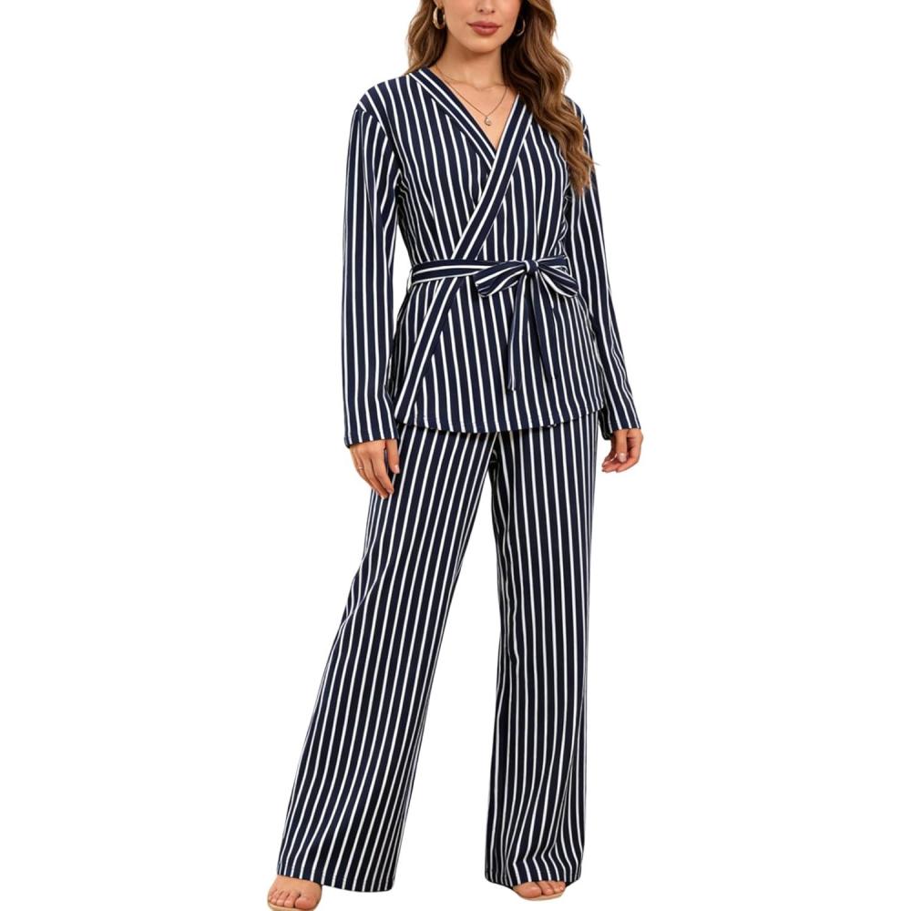 imageTanming Womens Pajama Sets Wrap Belted Tops Wide Leg Pants Cute Pjs Striped 2 Piece Lounge SetNavy