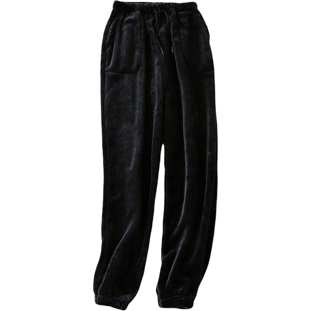 imageTanming Womens Plush Fuzzy Pajama Pants Fleece Sleepwear Loungewear Trouser Pj Pants with PocketsBlack