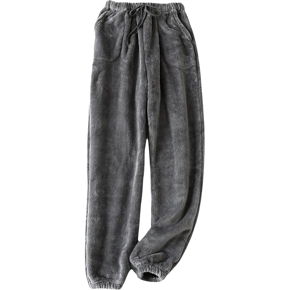 imageTanming Womens Plush Fuzzy Pajama Pants Fleece Sleepwear Loungewear Trouser Pj Pants with PocketsGrey