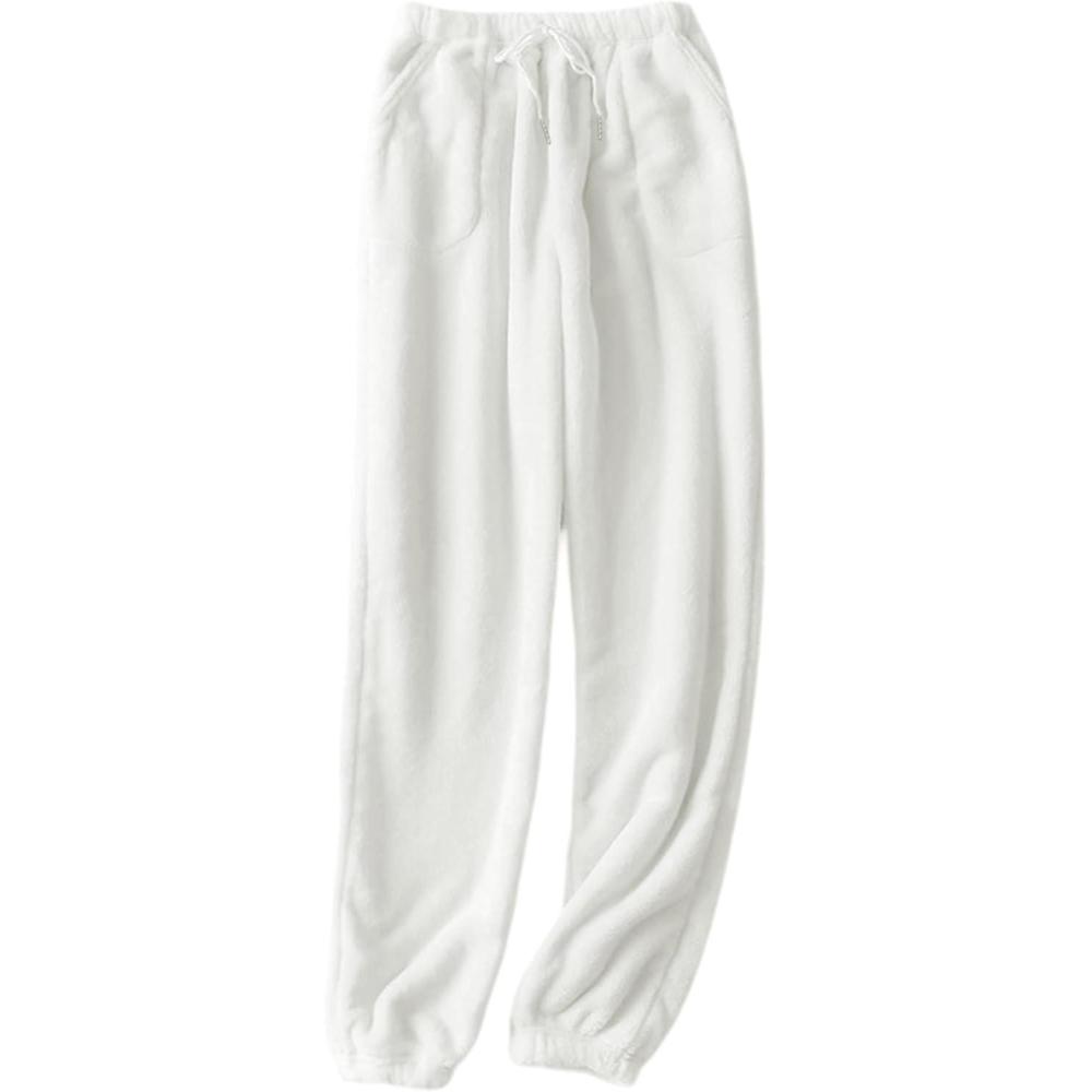 imageTanming Womens Plush Fuzzy Pajama Pants Fleece Sleepwear Loungewear Trouser Pj Pants with PocketsWhite