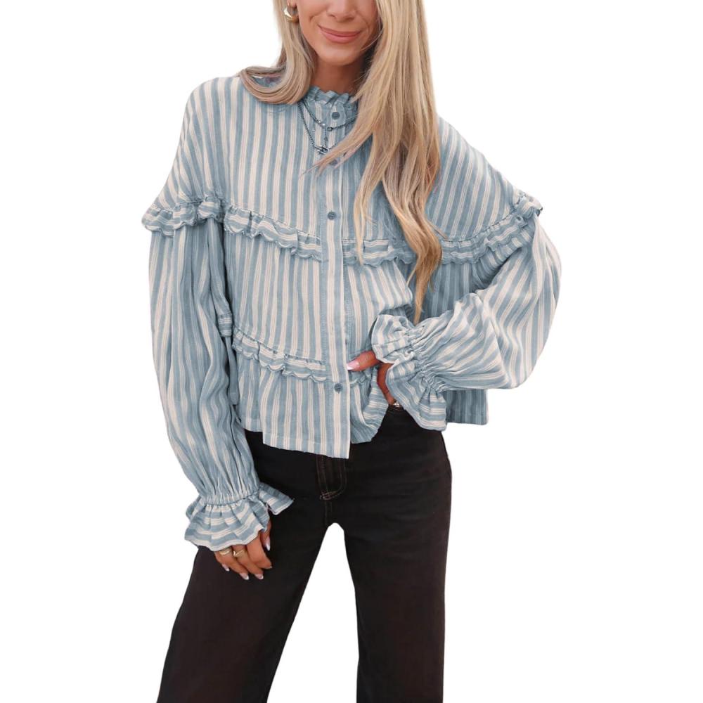 imageTanming Womens Striped Button Down Shirts Ruffled Long Sleeve Stand Collar Shirt Dressy Casual Blouse TopsBlue