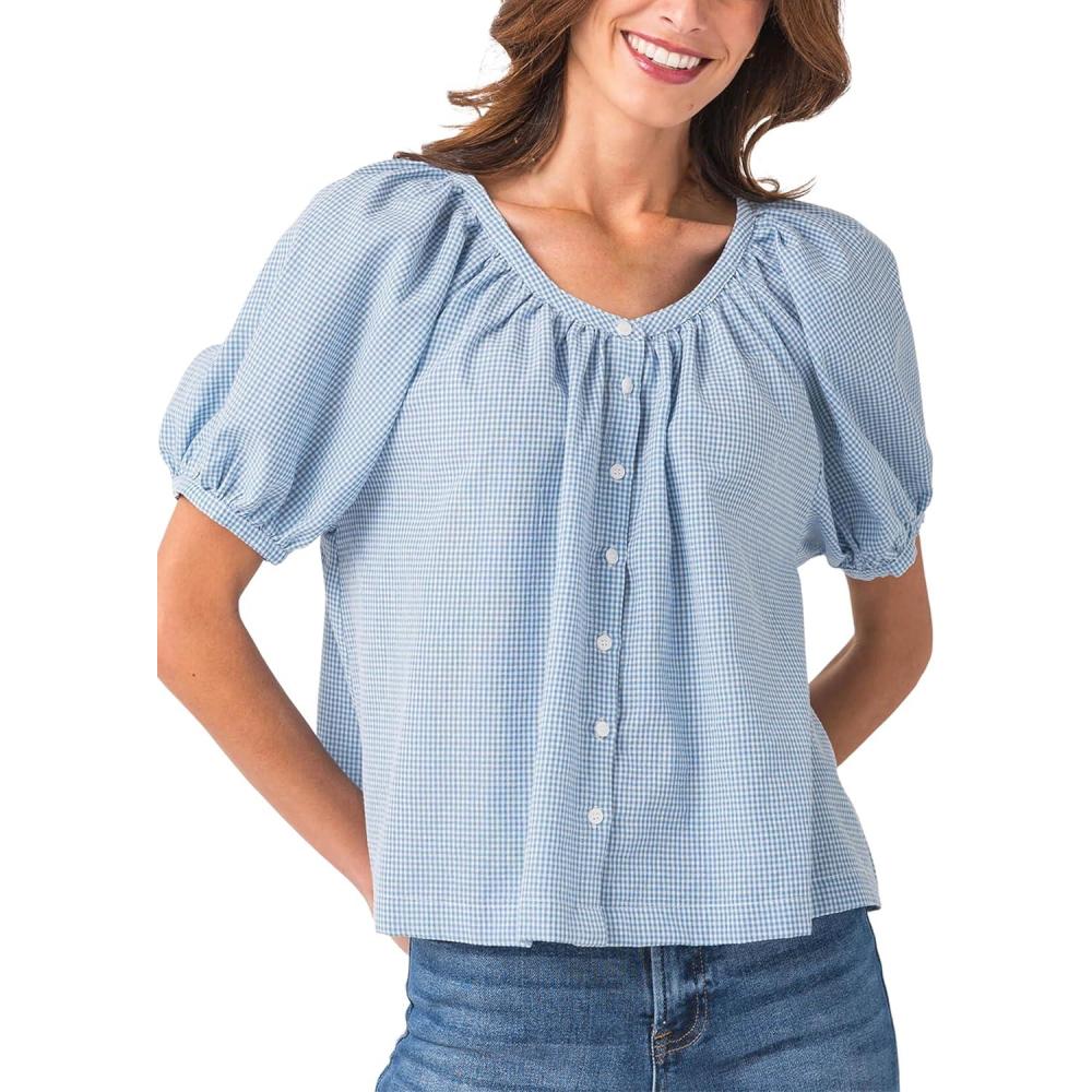 imageTanming Womens Summer Plaid Button Down Shirts Short Puff Sleeve Cotton Crew Neck Gingham Blouses TopsBlue
