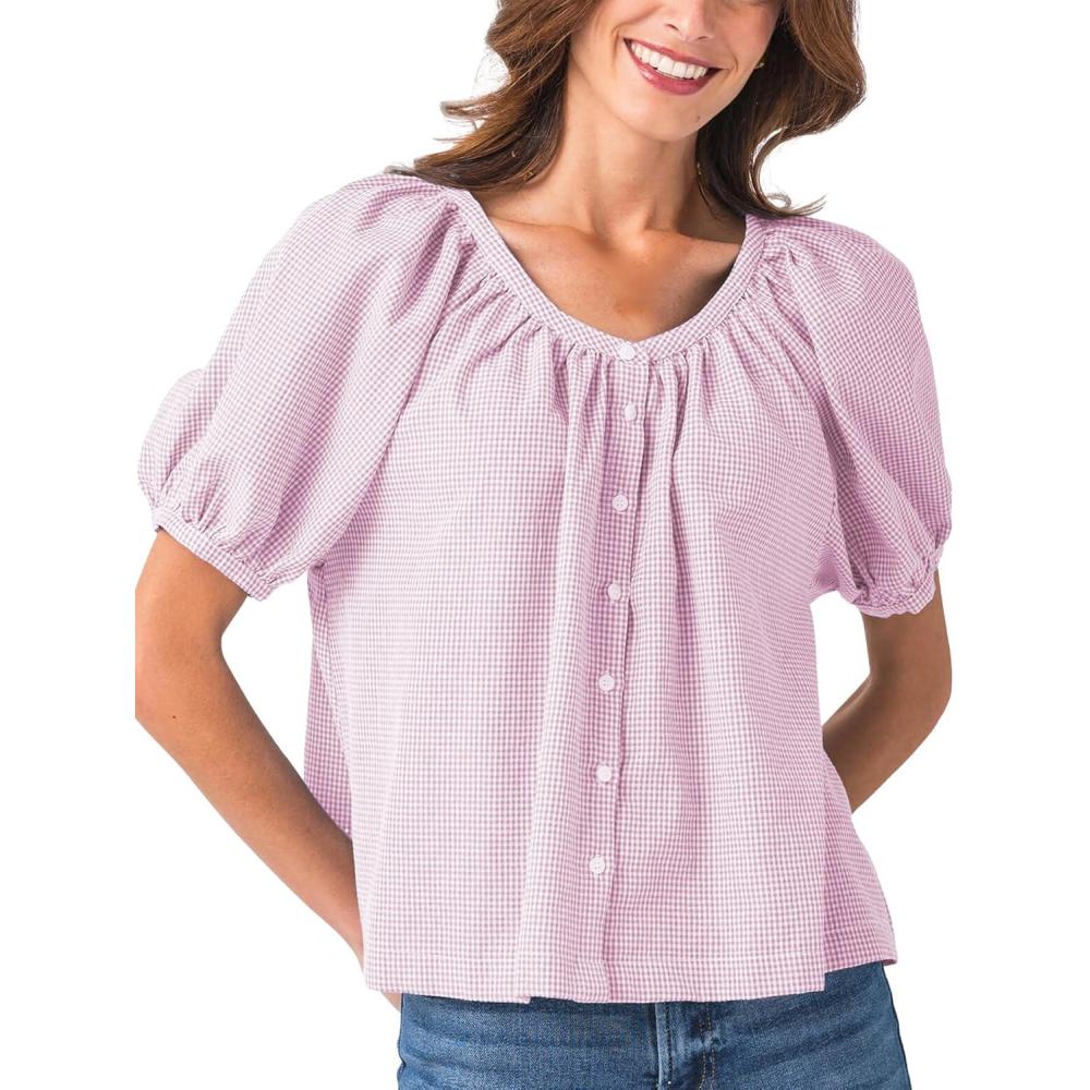 imageTanming Womens Summer Plaid Button Down Shirts Short Puff Sleeve Cotton Crew Neck Gingham Blouses TopsPink
