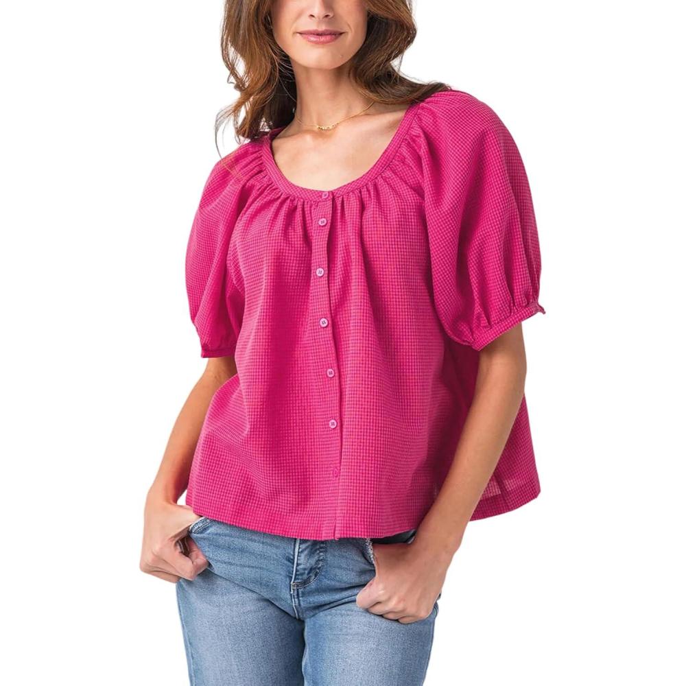 imageTanming Womens Summer Plaid Button Down Shirts Short Puff Sleeve Cotton Crew Neck Gingham Blouses TopsRose Red