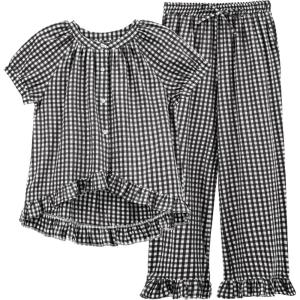 Tanming 2 Piece Sets for Women Gingham Button Down Short Sleeve Tops Ruffle Plaid Pants Pajamas Lounge Set(Black)