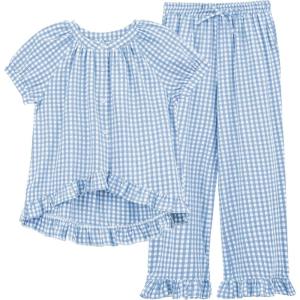 Tanming 2 Piece Sets for Women Gingham Button Down Short Sleeve Tops Ruffle Plaid Pants Pajamas Lounge Set(Blue)