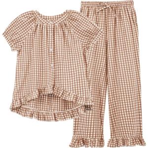 Tanming 2 Piece Sets for Women Gingham Button Down Short Sleeve Tops Ruffle Plaid Pants Pajamas Lounge Set(Brown)