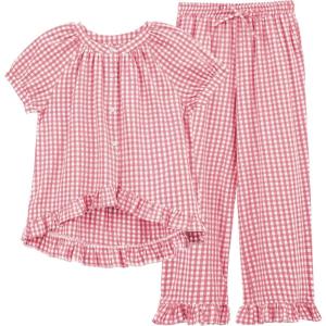 Tanming 2 Piece Sets for Women Gingham Button Down Short Sleeve Tops Ruffle Plaid Pants Pajamas Lounge Set(Pink)