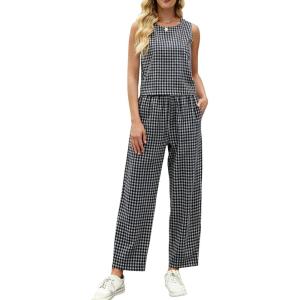 Tanming 2 Piece Sets for Women Summer Gingham Plaid Tank Top Crop Pants Travel Vacation Beach Lounge Sets(Black)