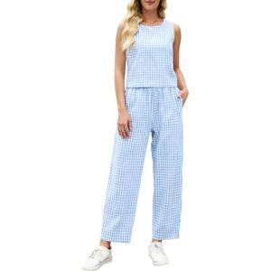 Tanming 2 Piece Sets for Women Summer Gingham Plaid Tank Top Crop Pants Travel Vacation Beach Lounge Sets(Blue)