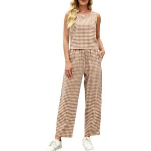 Tanming 2 Piece Sets for Women Summer Gingham Plaid Tank Top Crop Pants Travel Vacation Beach Lounge Sets(Brown)