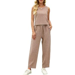 Tanming 2 Piece Sets for Women Summer Gingham Plaid Tank Top Crop Pants Travel Vacation Beach Lounge Sets(Coffee)