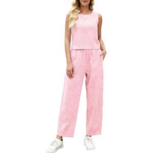 Tanming 2 Piece Sets for Women Summer Gingham Plaid Tank Top Crop Pants Travel Vacation Beach Lounge Sets(Pink)