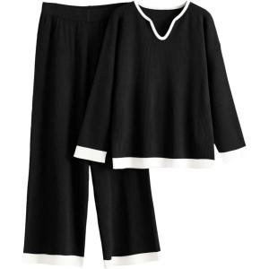 Tanming Womens 2 Piece Outfits Long Sleeve Knit Sweater Pullover Tops Wide Leg Pants Tracksuits PJ Lounge Sets(Black)