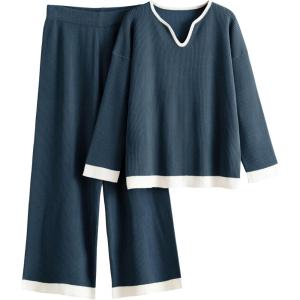 Tanming Womens 2 Piece Outfits Long Sleeve Knit Sweater Pullover Tops Wide Leg Pants Tracksuits PJ Lounge Sets(Navy)