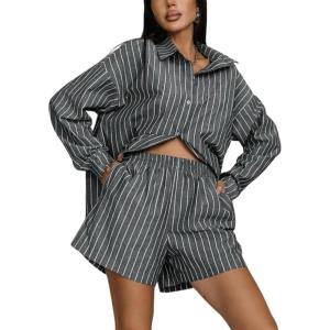 Tanming Womens 2 Piece Outfits Striped Long Sleeve Button Down Collared Shirts Matching Shorts Lounge Sets(Black)