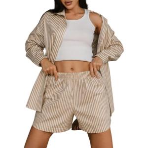 Tanming Womens 2 Piece Outfits Striped Long Sleeve Button Down Collared Shirts Matching Shorts Lounge Sets(Khaki)