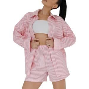 Tanming Womens 2 Piece Outfits Striped Long Sleeve Button Down Collared Shirts Matching Shorts Lounge Sets(Pink)