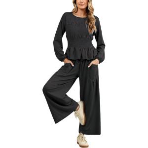 Tanming Womens 2 Piece Sets Boho Long Sleeve Smocked Top Loose Wide Leg Pants Travel Lounge Outfit Causal Suits(Black)